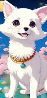 Anime puppy with moonlit cherry blossoms.