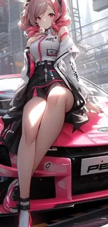 Anime racer girl with pink hair and matching sports car wallpaper.