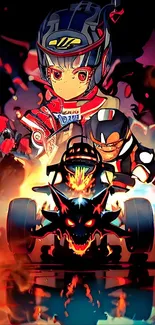 Anime racing character with fiery vehicle and dynamic background.