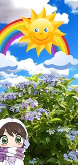 Anime-inspired wallpaper with rainbow, sun, and blue sky.