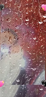 Anime wallpaper with raindrops and hearts on a vibrant red background.