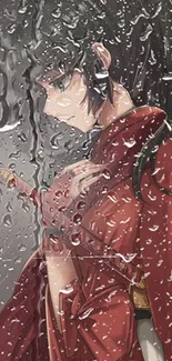 Anime character in red kimono with rain reflection.