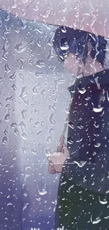 Anime style artwork of a person under an umbrella in the rain.