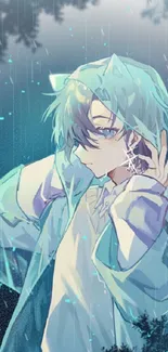 Anime character in a teal raincoat with a serene rainy backdrop.