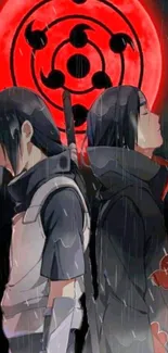 Two anime characters in rain with red symbol backdrop.