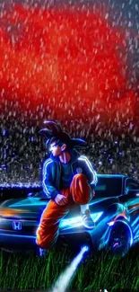 Anime character sitting on car in rain with bright red and blue colors.