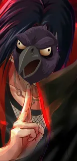 Anime character with a raven mask in dark, intense colors.