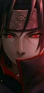 Anime character with red eyes and dark hues showcasing intense expression.