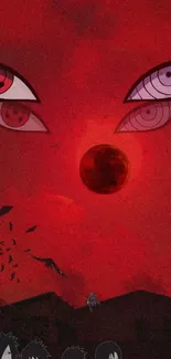 Anime wallpaper with red moon and intense eyes.