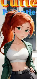 Anime redhead girl with green eyes and stylish outfit wallpaper.