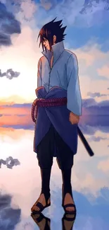 Anime character stands by a sunset reflecting on water.