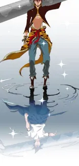 Anime character standing with reflection on water.