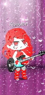 Anime character with red hair playing guitar on a purple stage.