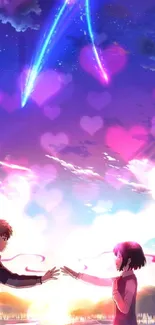 Anime couple with pink heart sky backdrop.