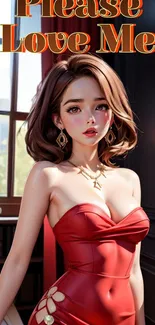 Anime character in a red dress, elegant and charming wallpaper.