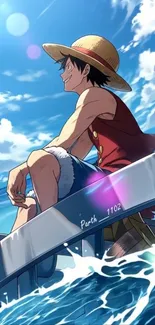 Anime sailor on boat with ocean view and blue sky.
