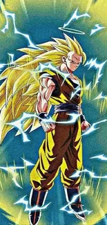 Anime Saiyan surrounded by electric energy and glowing aura.