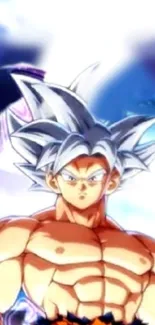 Anime Saiyan with silver hair radiating energy.