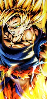 Anime Saiyan warrior with golden aura and spiky hair in dynamic pose.