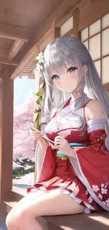 Anime girl in red kimono by cherry blossoms.