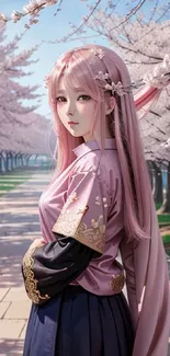 Anime girl amid cherry blossom path, serene scene.