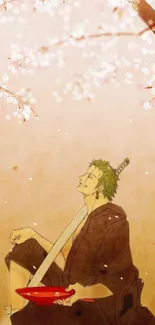 Anime samurai under cherry blossoms with light peach background.