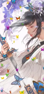 Anime samurai with sword surrounded by colorful butterflies on lavender background.