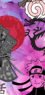 Anime samurai and dragon with red sun on pink background.