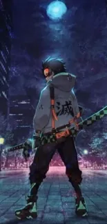 Anime samurai under a full moon in a neon city street.