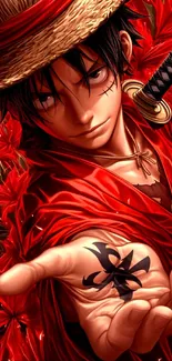 Anime character in red with a sword and straw hat