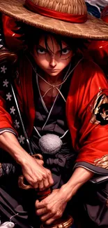 Anime samurai warrior in red attire, sitting with determined expression.