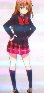 Anime schoolgirl in a plaid skirt against a pastel pink background.