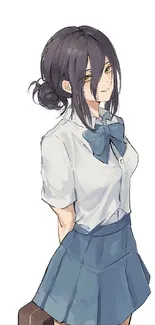 Anime schoolgirl with dark hair and uniform, mobile wallpaper.