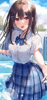 Anime schoolgirl at the pool with blue skies in the background.