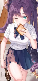 Anime schoolgirl with purple hair eating toast.