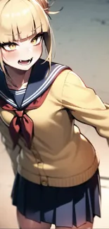 Fierce anime schoolgirl in uniform with vivid expression.