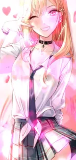 Anime schoolgirl with pink hearts aesthetic wallpaper