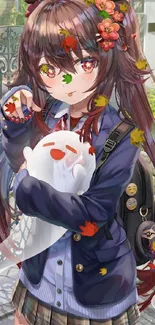 Anime schoolgirl hugging a cute ghost with vibrant colors.