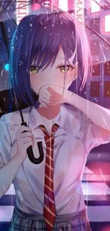 Anime schoolgirl with umbrella in a neon-lit rainy cityscape.