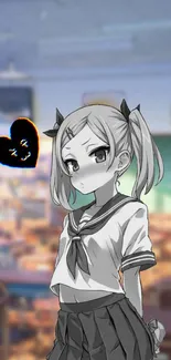 Grayscale anime schoolgirl with colorful heart.