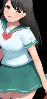 Anime schoolgirl in sailor outfit, dark green theme.