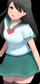 Anime schoolgirl character with dark hair, in uniform, on a mobile wallpaper.