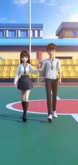 Anime couple walking on a school court under a bright blue sky.