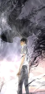 Anime artwork of a person with a dark, shadowy figure in a dramatic landscape.