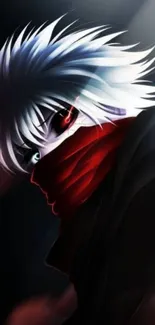 Mysterious anime character with white hair and red scarf in shadowy setting.