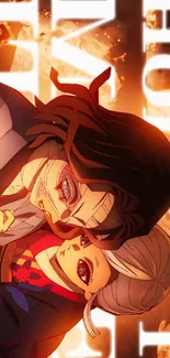 Anime characters bonding in warm fiery lighting.