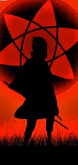 Anime silhouette with red glowing background.