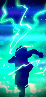 Anime silhouette with vibrant lightning art in blue-green hues.