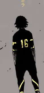 Anime silhouette with yellow accents against a gray background.