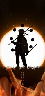 Anime character silhouette in front of bright moon.